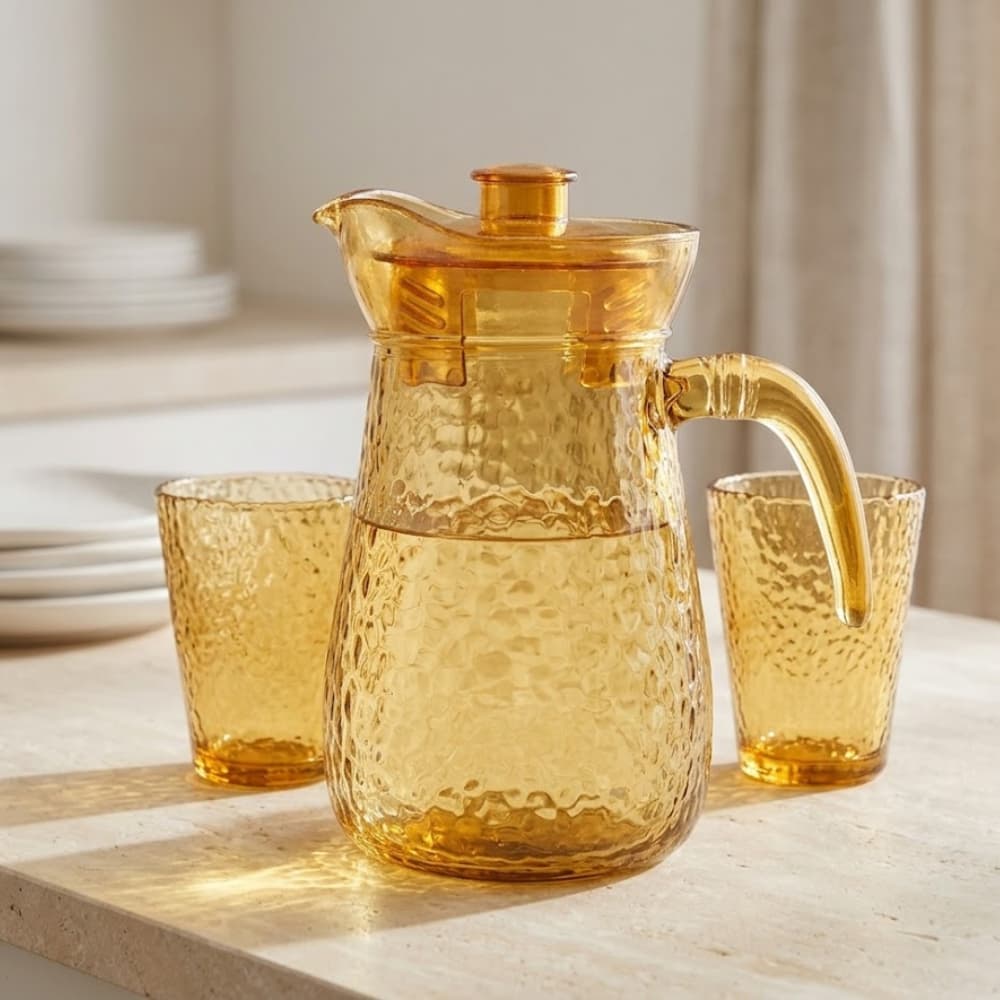 Jarra Dourada + 6 Copos de Vidro | Jogo 7 Peças Elegante para Água, Suco e Drinks