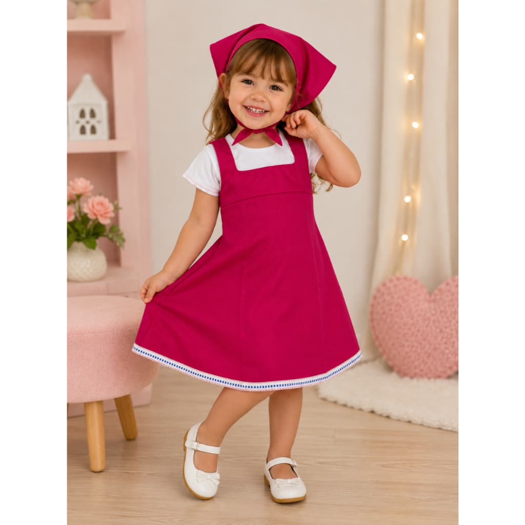 Fantasia Infantil Da Masha e o Urso Roupa Vestido Com Lenço Bandana Menina Desenho Diversão Personagem Infantil