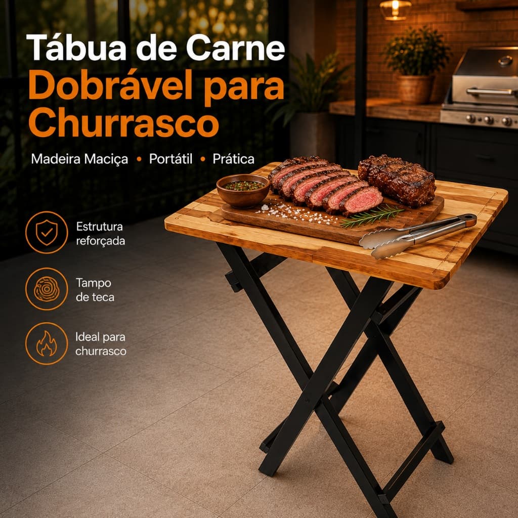 Tabua de Corte Carne Churrasco de Madeira Portátil Com Cavalete Leve Para Qualquer Lugar