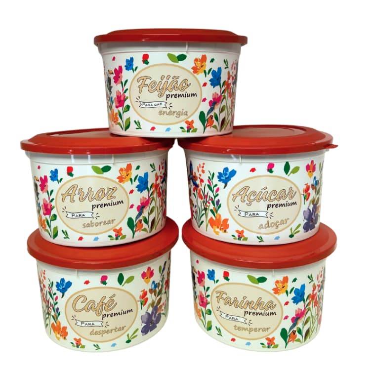 Kit 5 Potes de Mantimentos Cozinha 2L – Decoração Floral Colorida