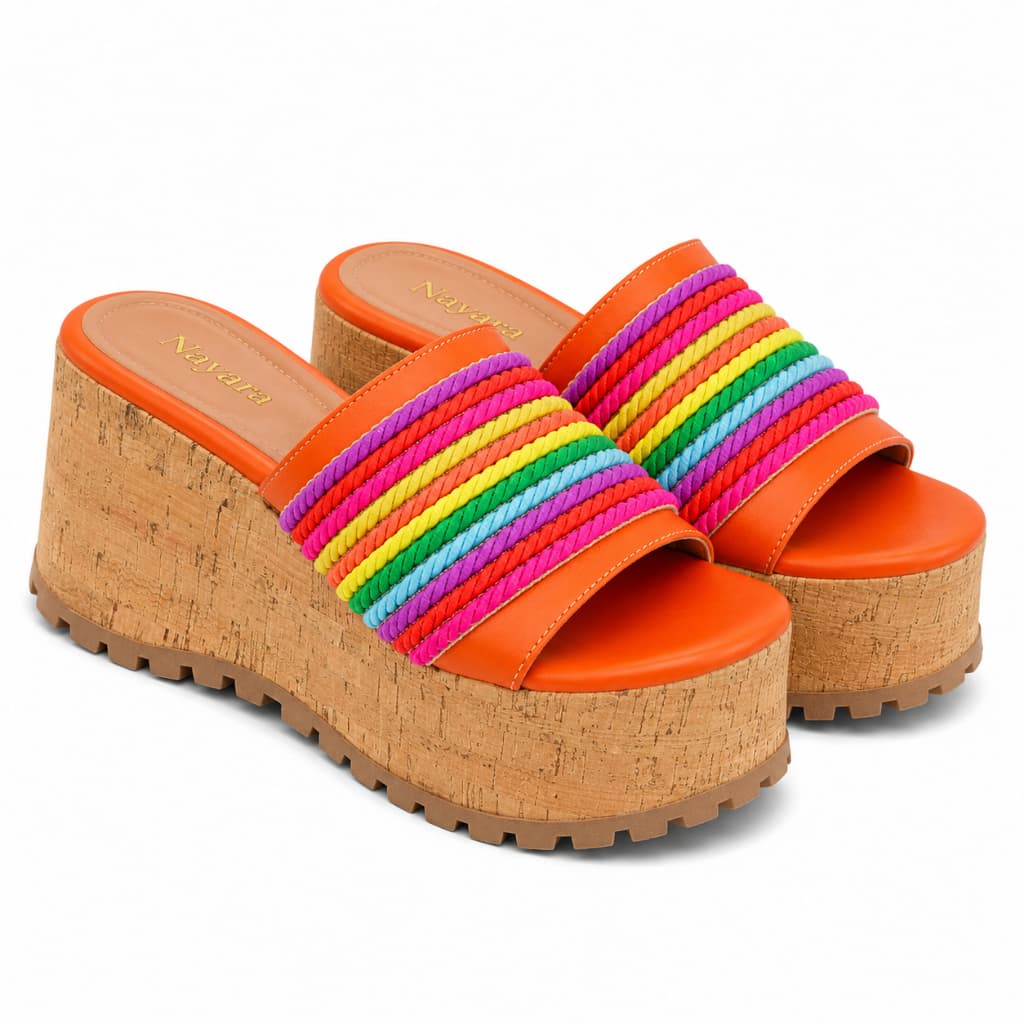 Tamanco Feminino Anabela Nayara em Couro Coral Tira Colorida