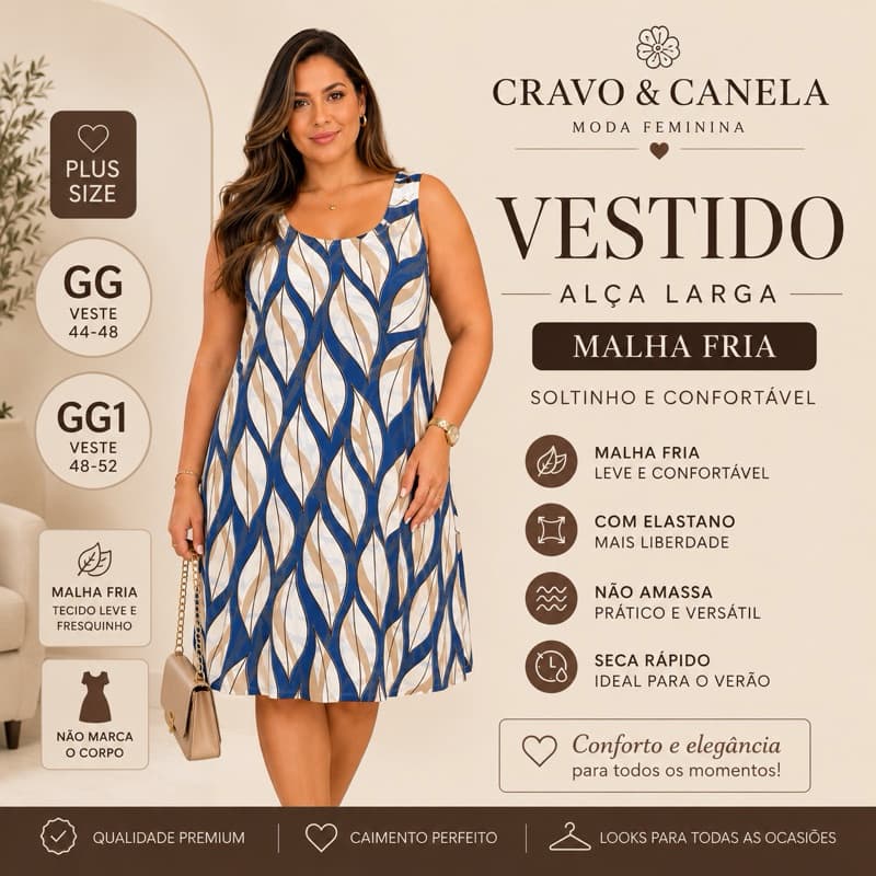 Vestido Plus Size Regata Alça Larga Malha Fria Estampado Soltinho Feminino GG 44 ao 48