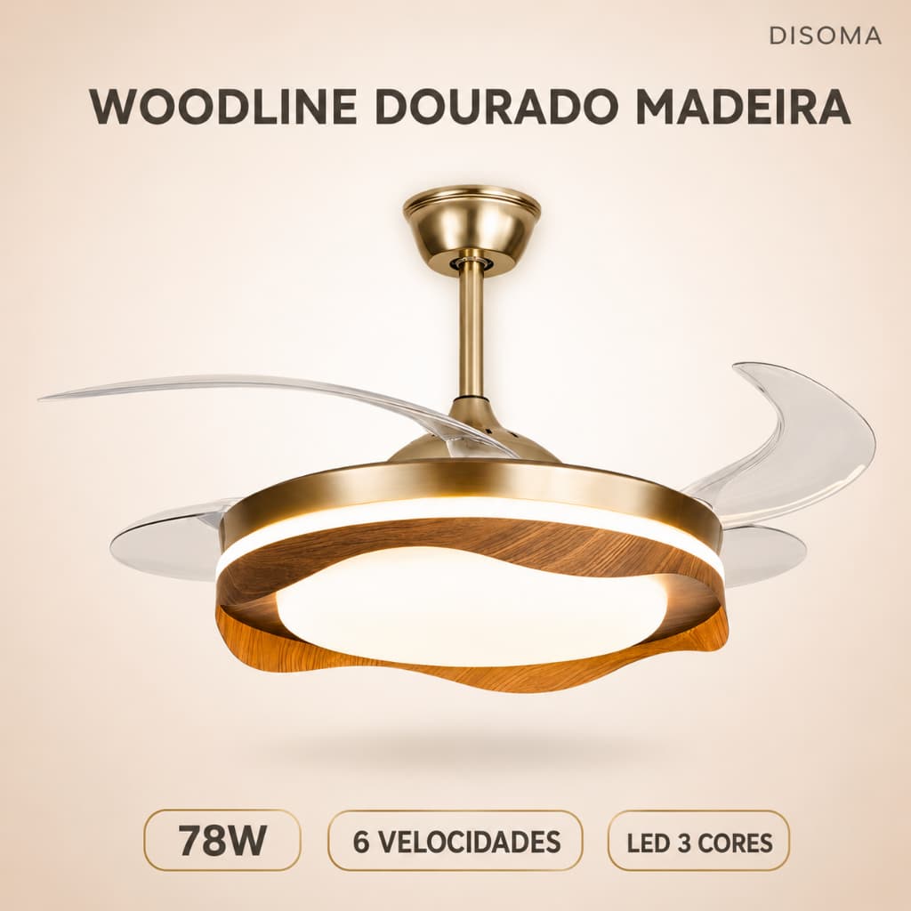 Ventilador de Teto Retrátil LED Woodline Dourado Madeira Disoma 78W Multicolor Silencioso INMETRO