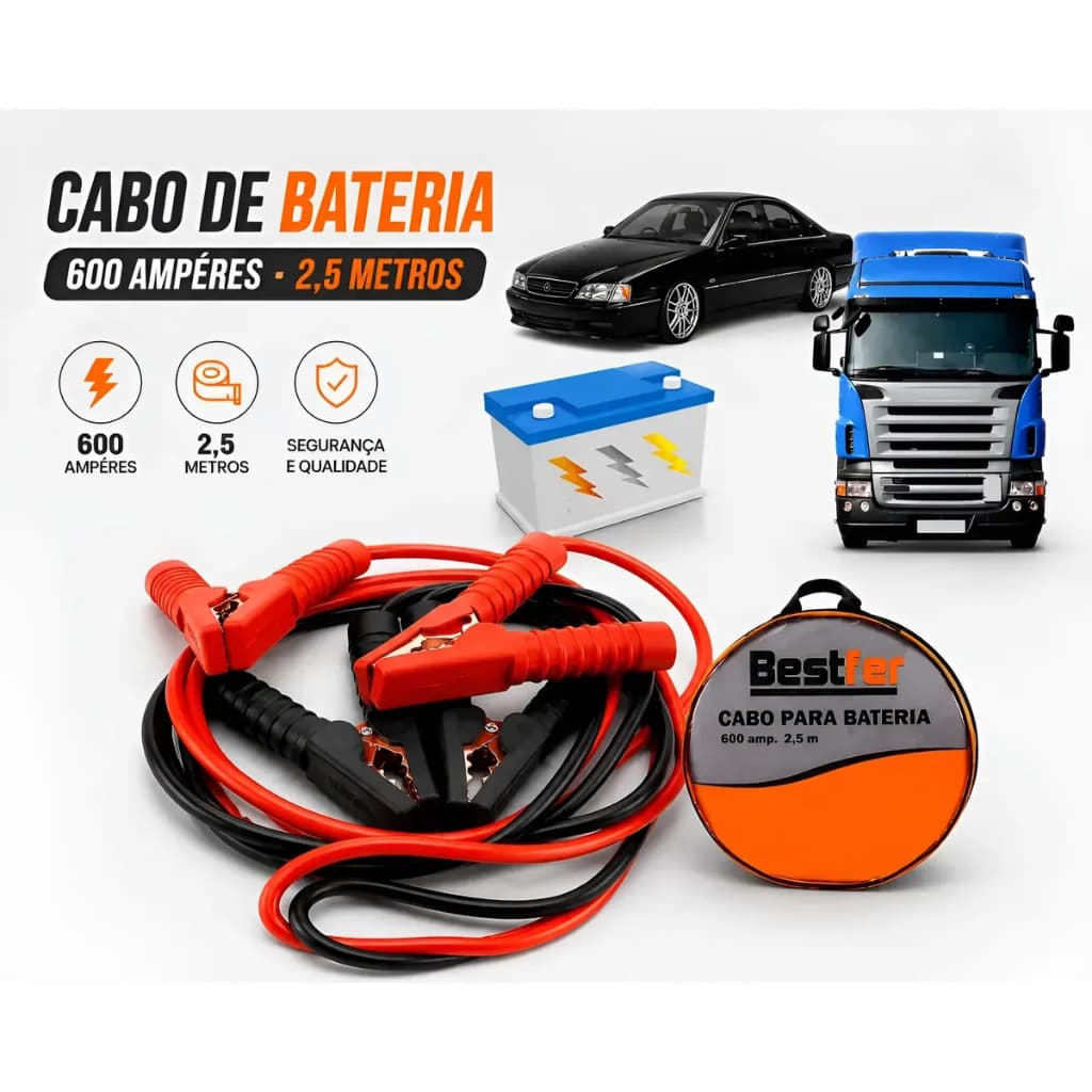 Cabo Chupeta Para Bateria 600A 2,5m Auxiliar de Partida Carro Caminhão Caminhonete Bestfer