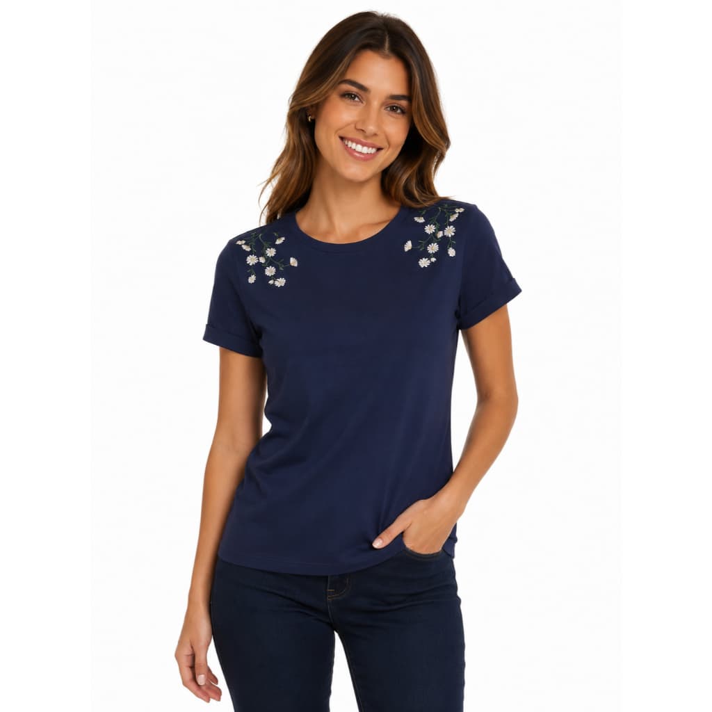 Blusa Básica Feminina Adulto Confortável Detalhes Bordados Manga Curta Verão