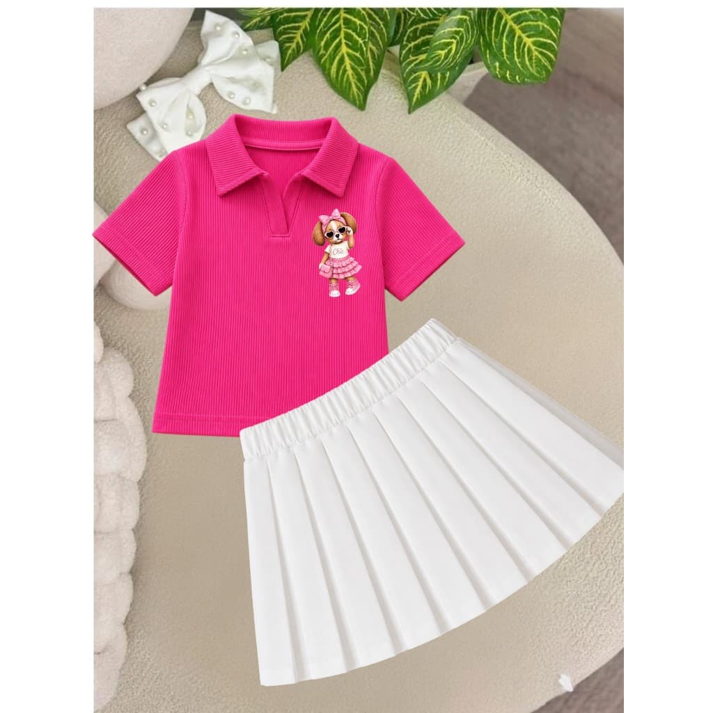 CONUNTO INFANTIL/JUVENIL BLUSA +SHORT SAIA PLISSADA DESENHO DE CACHORRINHA COM LOOK DE POÁ