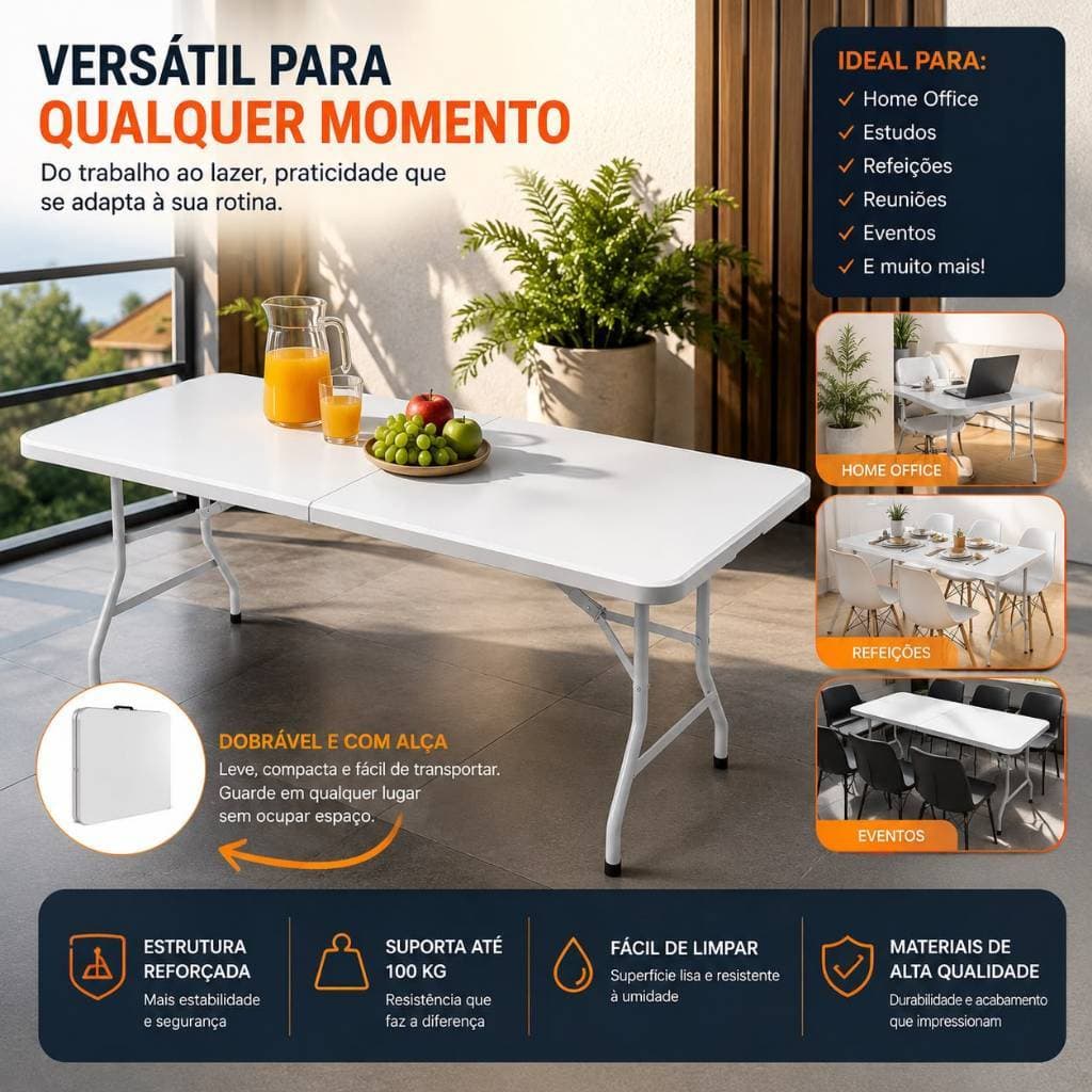 Mesa Dobrável De Camping Portátil Multifuncional 180cm Branca Resistente