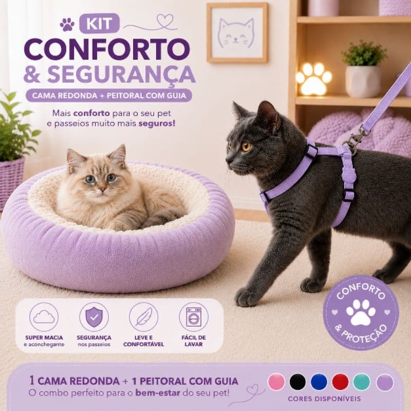 kitKit Cama Redonda + Peitoral com Guia para Gatos | Conforto, Segurança e Qualidade