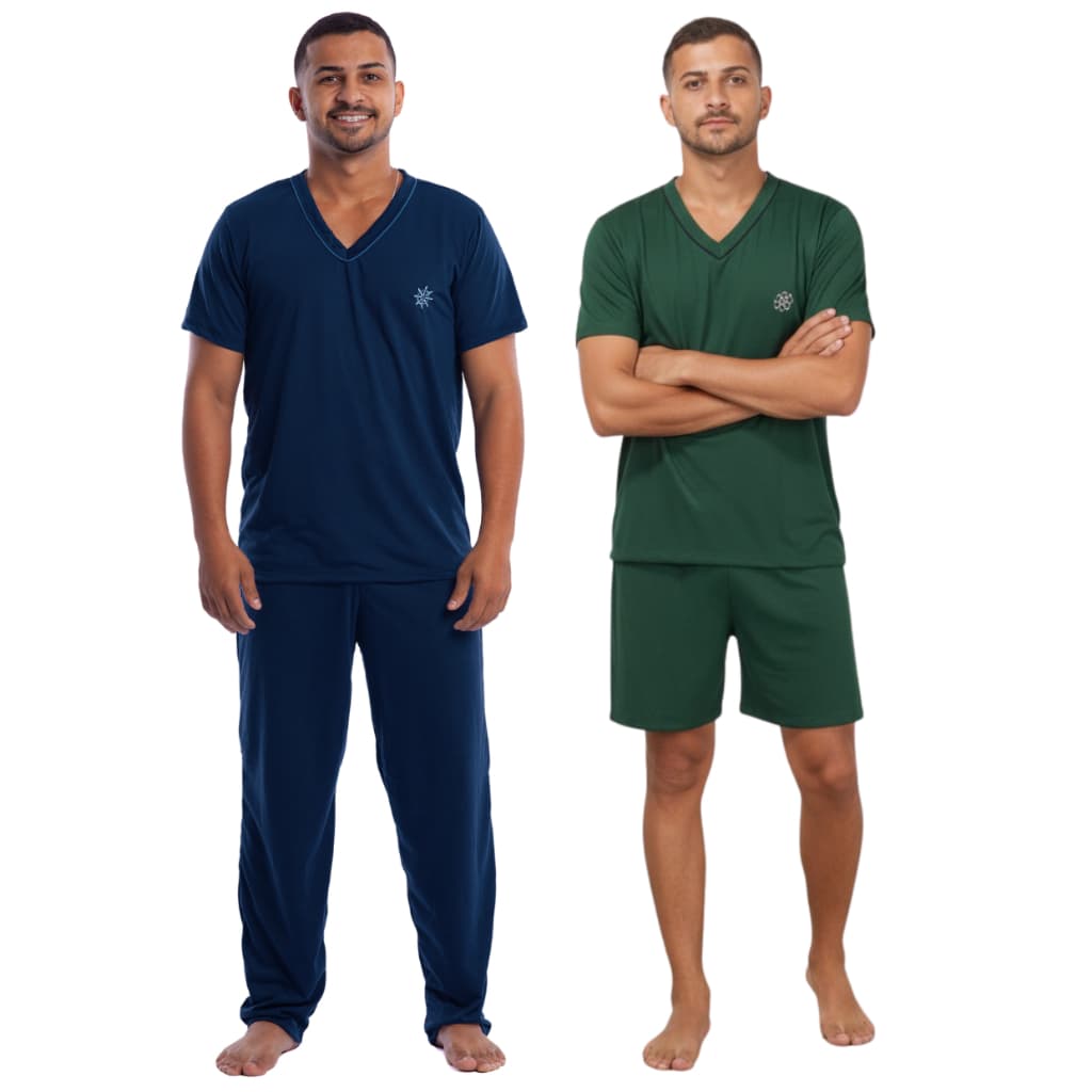 Kit 2 Pijamas Masculino Verão Manga curta e Short e Meia Estação Manga Curta e Calça Malha Noites Confortáveis Promoção
