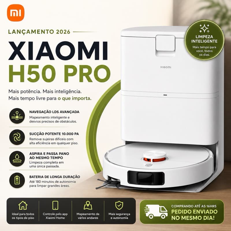 Xiaomi H50 Pro Robô Aspirador Inteligente Lançamento 2026 com Base Autolimpante 110/220