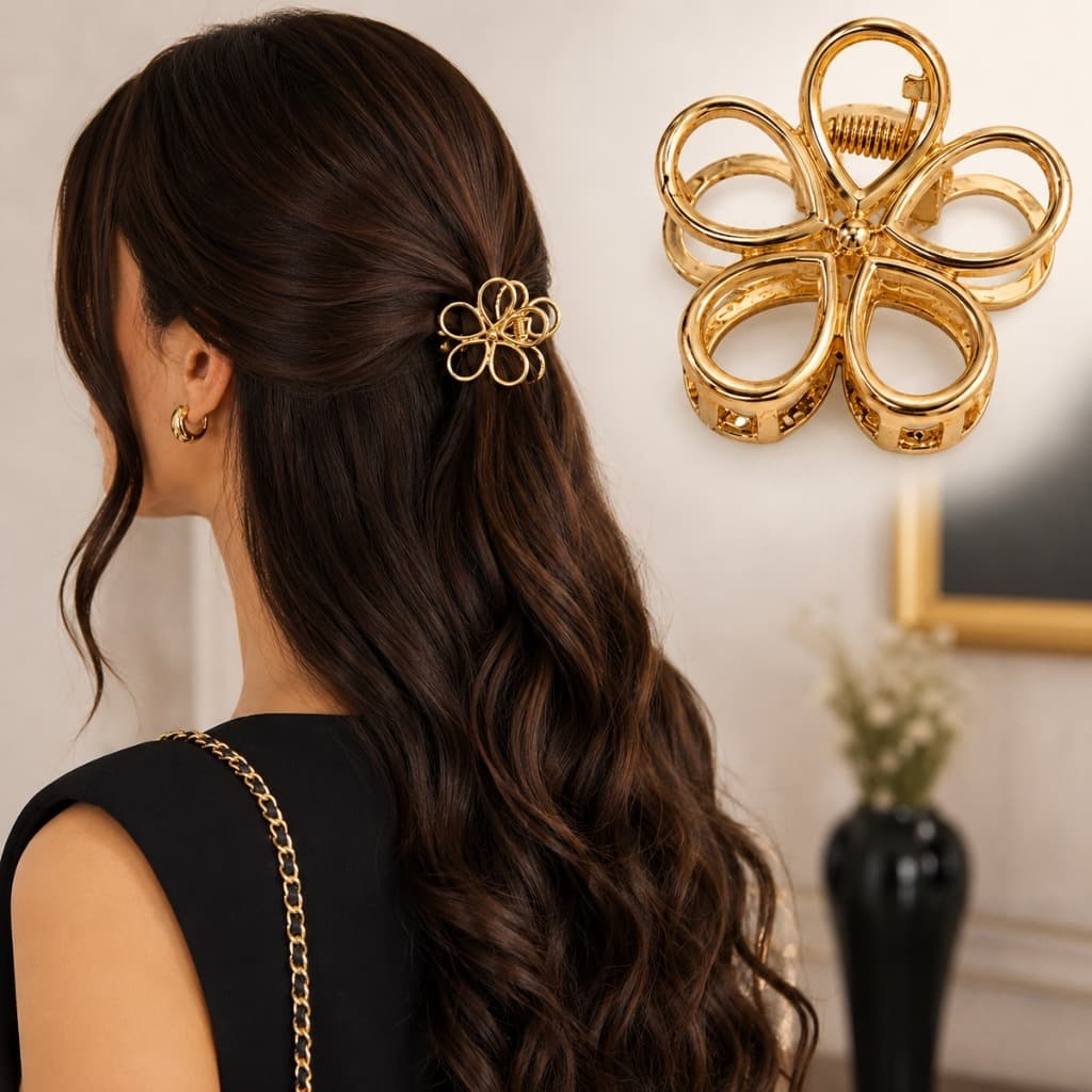 Presilha de Cabelo Flor Dourada 4 cm – Garra Metálica Elegante para Todos os Tipos de Cabelo