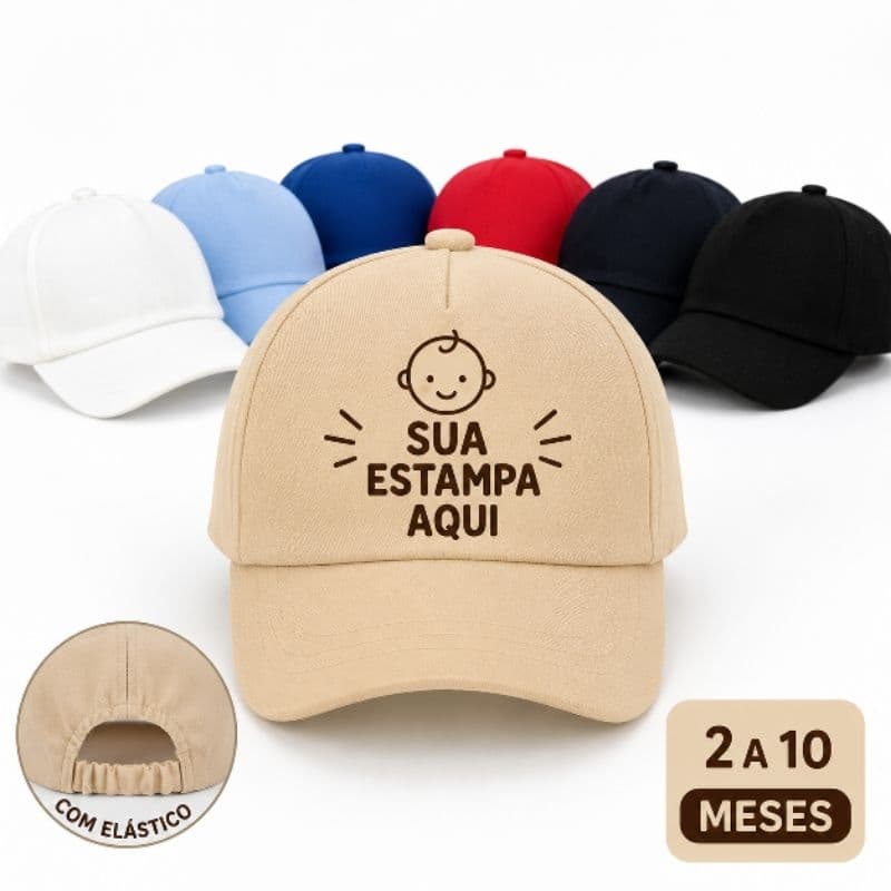 Boné Bebê Personalizado Nome Foto Estampa DTF Infantil Mini Boné Menino Menina Elástico Atrás 02 a 10 Meses