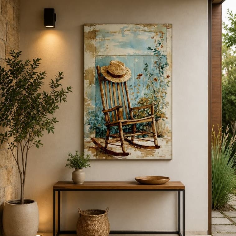 Quadro Decorativo Vintage Cadeira de Balanço Chapéu Rústico Azul Para Hall Sala Varanda Área Gourmet