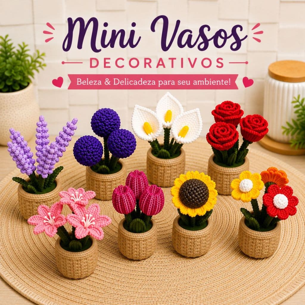 Mini Vaso Decorativo com Flores Artificiais Trico– Decoração para Mesa, Escritório e Quarto – Diversos Modelos