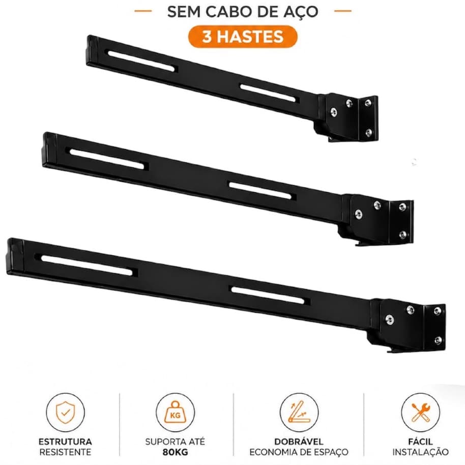 Varal Retrátil de Parede sem Cabo de Aço Hastes Articuladas Dobráveis + Kit Instalação Suporte para Varal Retrátil