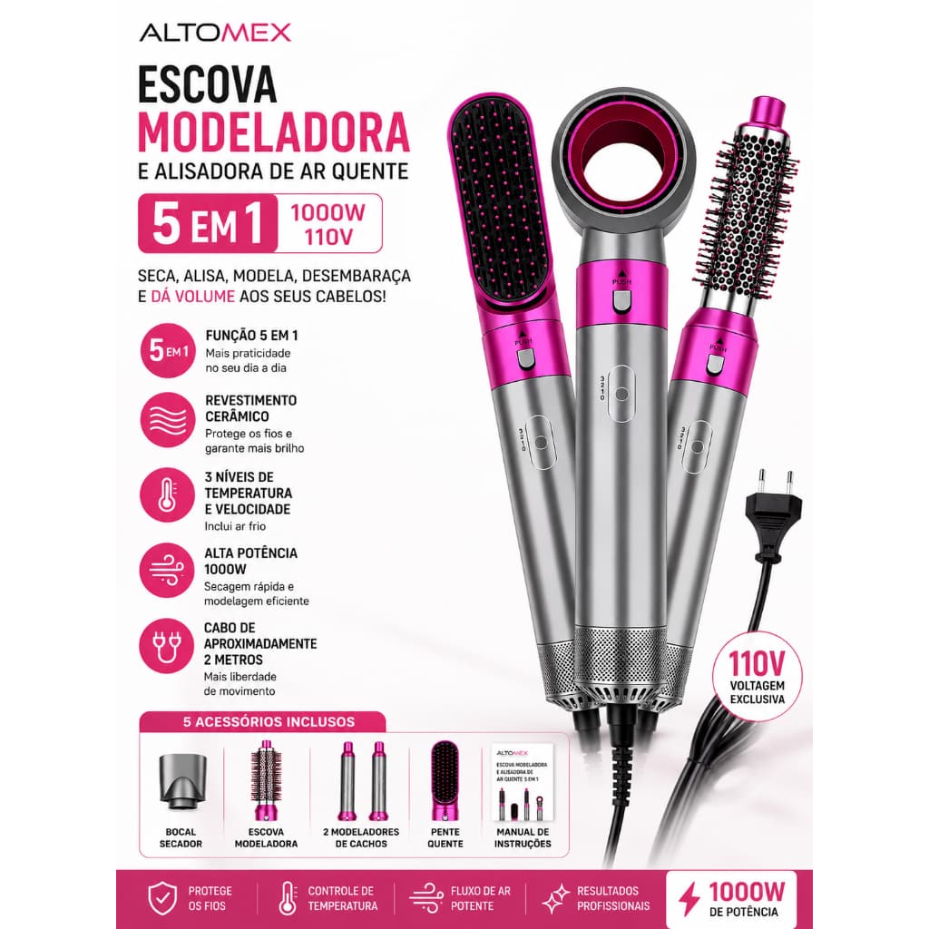 Escova Secadora Modeladora 5 em 1 1000W Ar Quente Alisadora com Difusor 110V Altomex