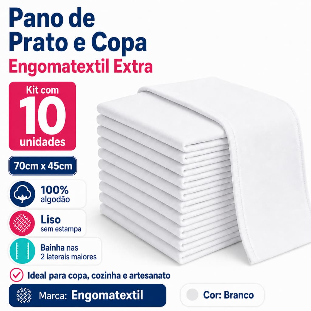 10 Un Pano de Prato e Copa Engomatextil Extra 70cm x 45cm Embanhado 100% Algodão
