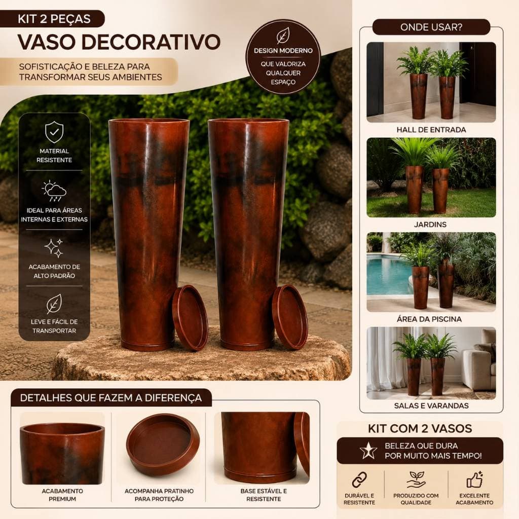 Kit Conjuto 2 Vasos Ibiza Polietileno 70cm Decorativo Moderno Resistente Área Interna e Externa Luxo Grande