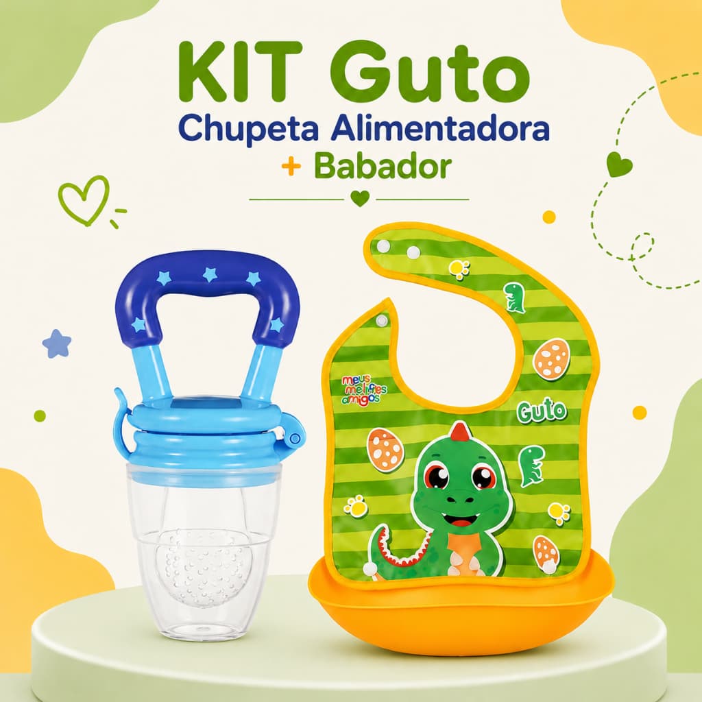 Kit Mordedor Chupeta Alimentadora Silicone Bebê Introdução Alimentar + Babador Infantil Impermeável