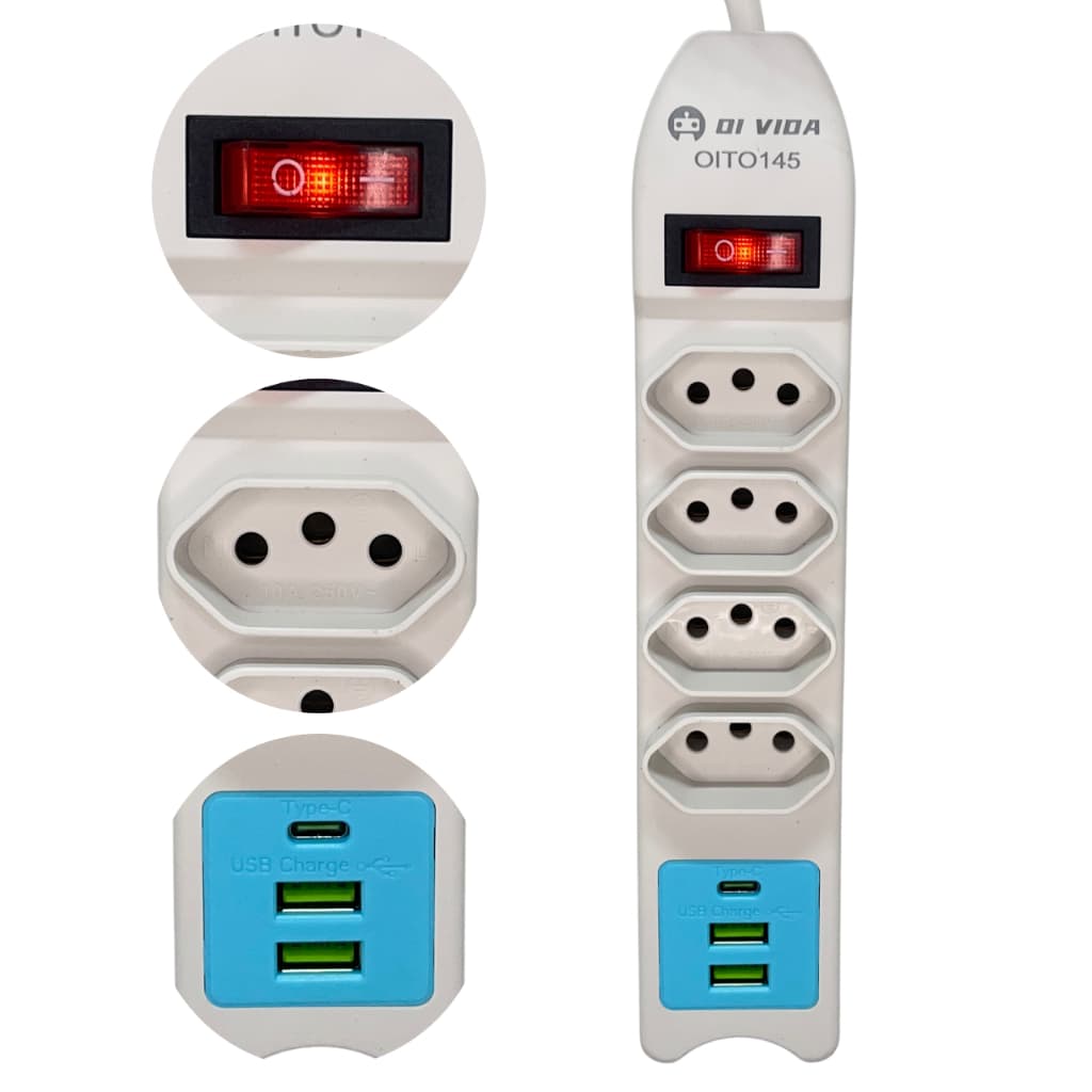 Filtro De Linha Extensão Régua Elétrica 4 Tomada 2m 2 Usb E 1 Tipo-c Bivolt
