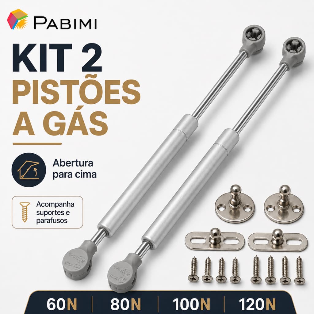 Kit 2 Pistões a Gás Força Normal para Porta Basculante de Armário Abre para Cima