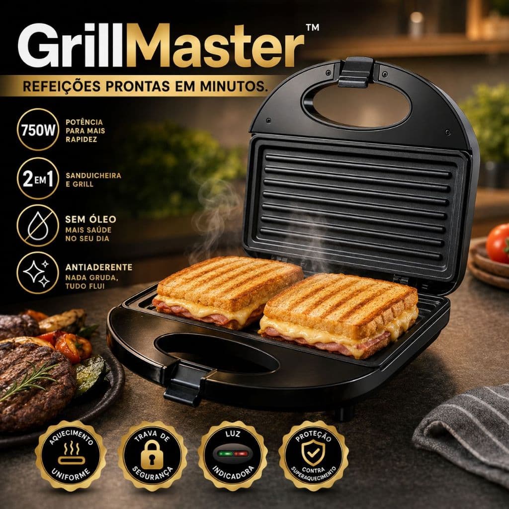 Sanduicheira Grill Elétrica GrillMaster™ 2 em 1 Antiaderente 750W 127V Prensa Dupla para Sanduíches e Grelhados