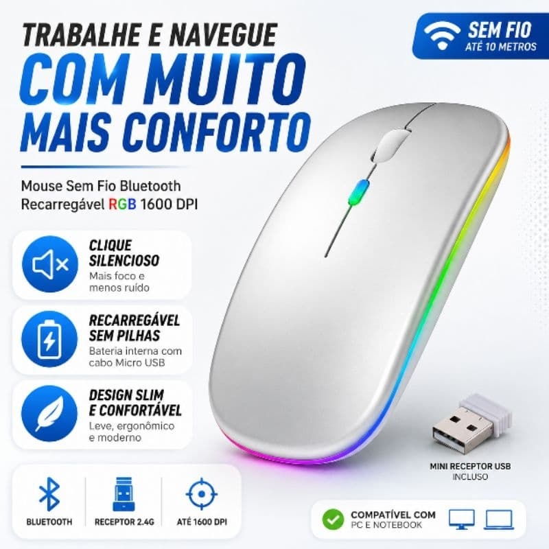 Mouse Sem Fio Bluetooth Recarregável RGB Silencioso 1600 DPI Para Notebook PC com Receptor USB