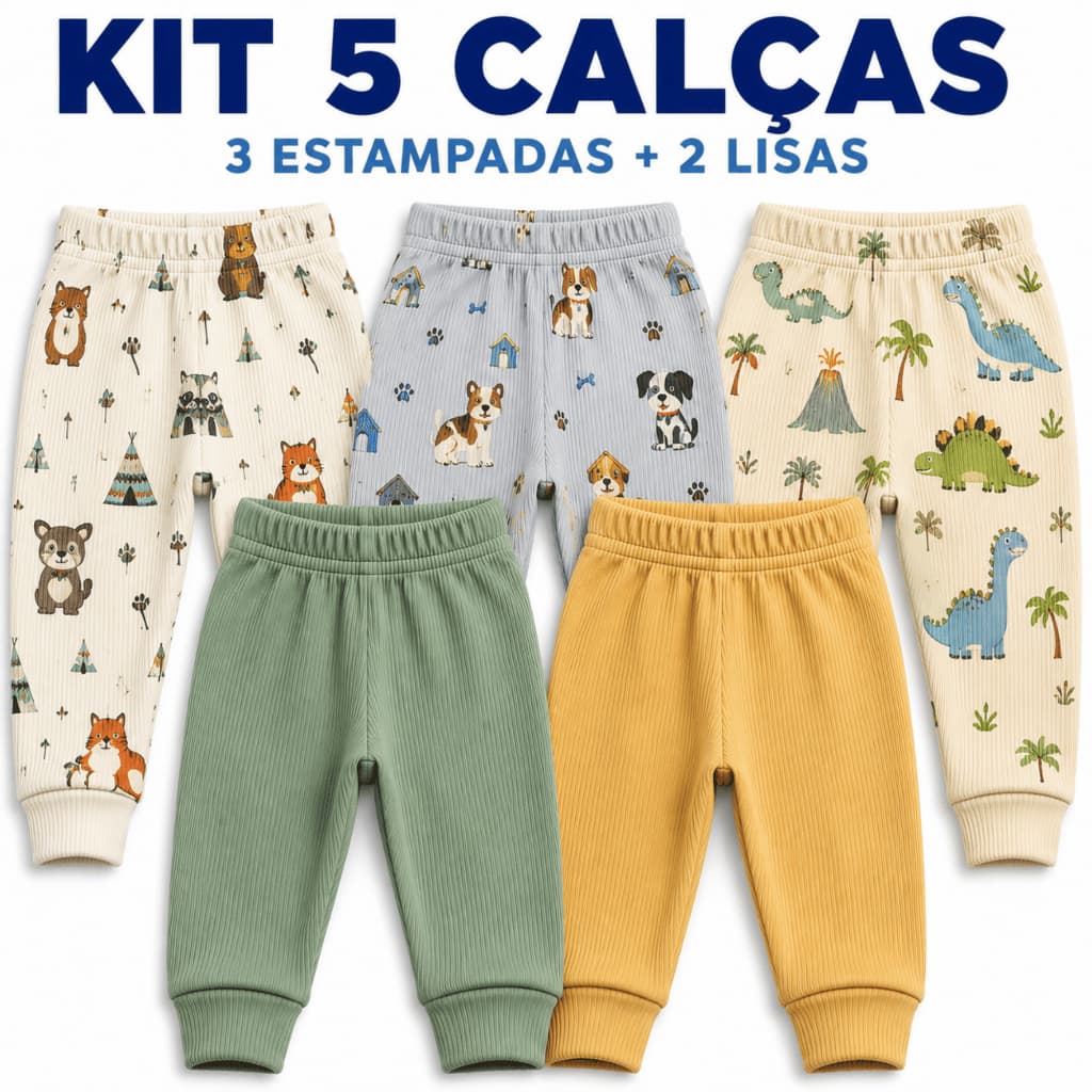Kit 5 Culote Calça Bebê Menino Mijão 100% Algodão Malha Canelada Enxoval RN P M G