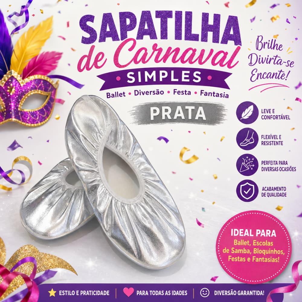 Sapatilha de Carnaval Simples Ballet Diversão Festa Fantasia PRATA