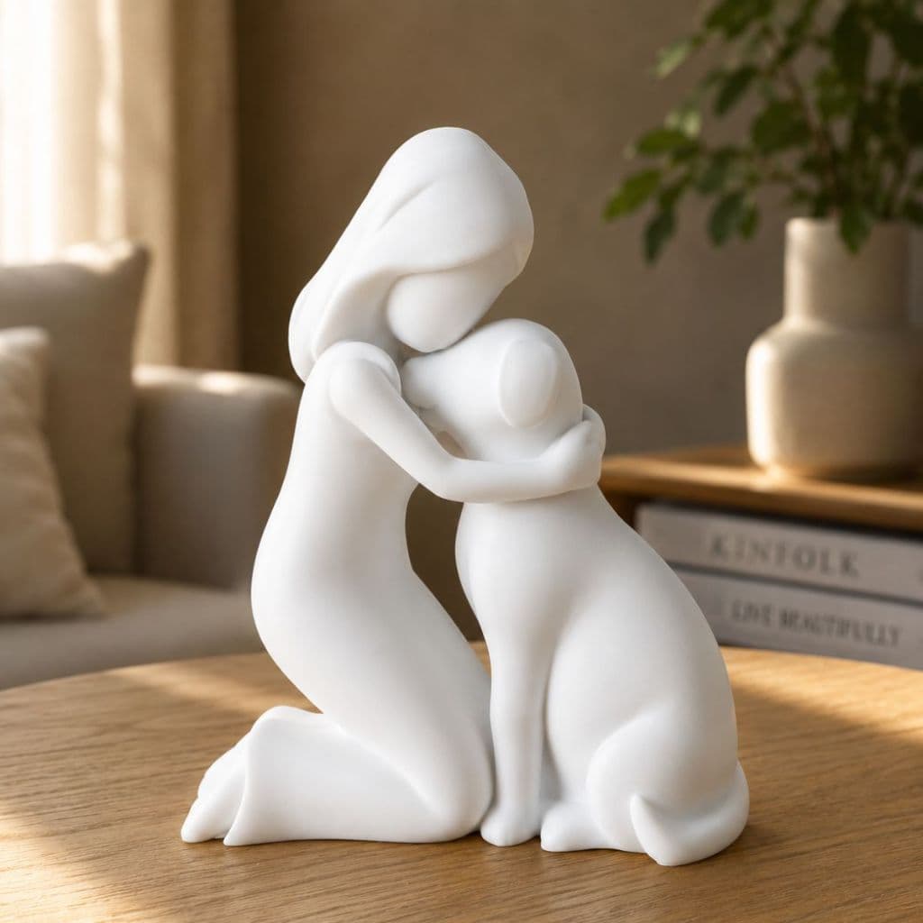 Escultura Decorativa Mulher e Cachorro Minimalista Arte Moderna Estátua Sala Quarto Casa Pet Lover Presente