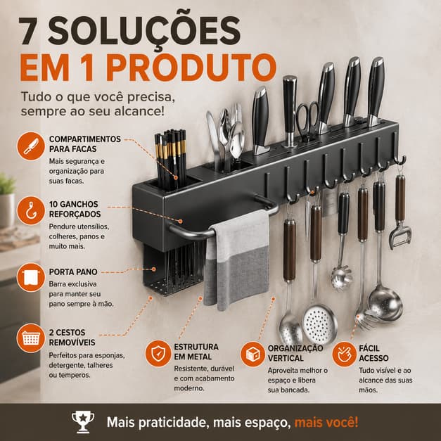 Prateleira Organizadora Multiuso de Metal para Cozinha com Ganchos e Cesto Suporte Utensílios