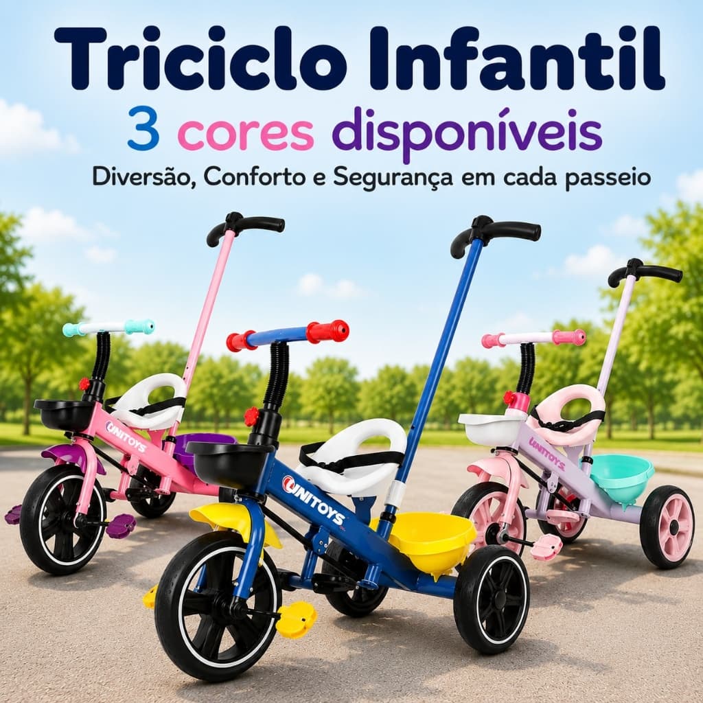Triciclo Infantil Com Empurrador Cadeirinha Cinto Segurança Portátil Anatômico Seguro Com Cesto Dianteiro e Traseiro