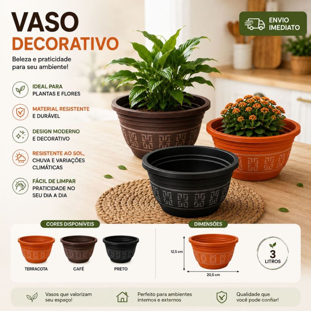 Conjunto 3 Vasos Plasticos Decorado 3 Litros Jardim Plantas Mudas