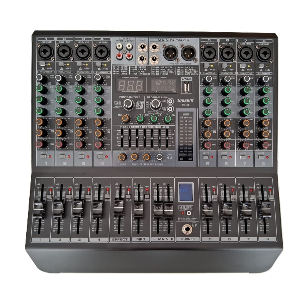MESA AMPLIFICADA 8 CANAIS / 2 AUXILIARES / 256 EFEITOS / 500 WATTS RMS / TOPSOM TSQ8