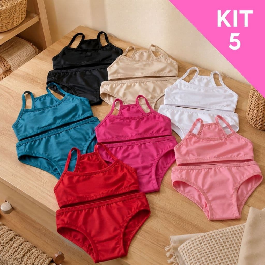 Kit 5 Conjunto Infantil Liso Microfibra Menina Moça Roupa Top Calcinha Criança