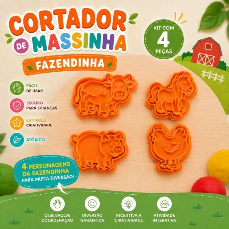 Kit 4 Cortadores de Massinha Infantil Fazendinha | Moldes para Modelar Massa de Brincar Educativa