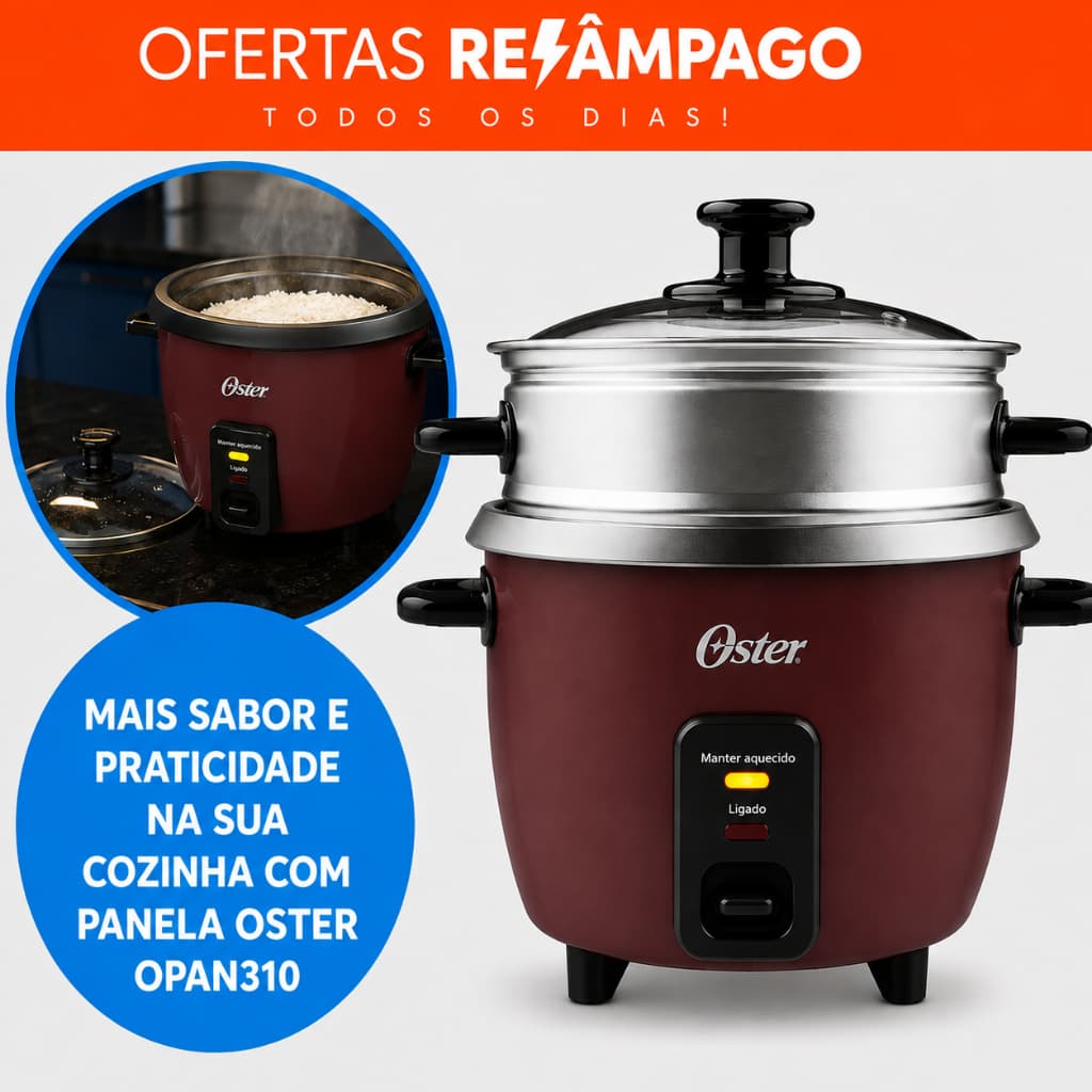 Panela Elétrica De Arroz E Legumes A Vapor OPAN310 Com Tampa De Vidro E Função Aquecer Oster - 127v