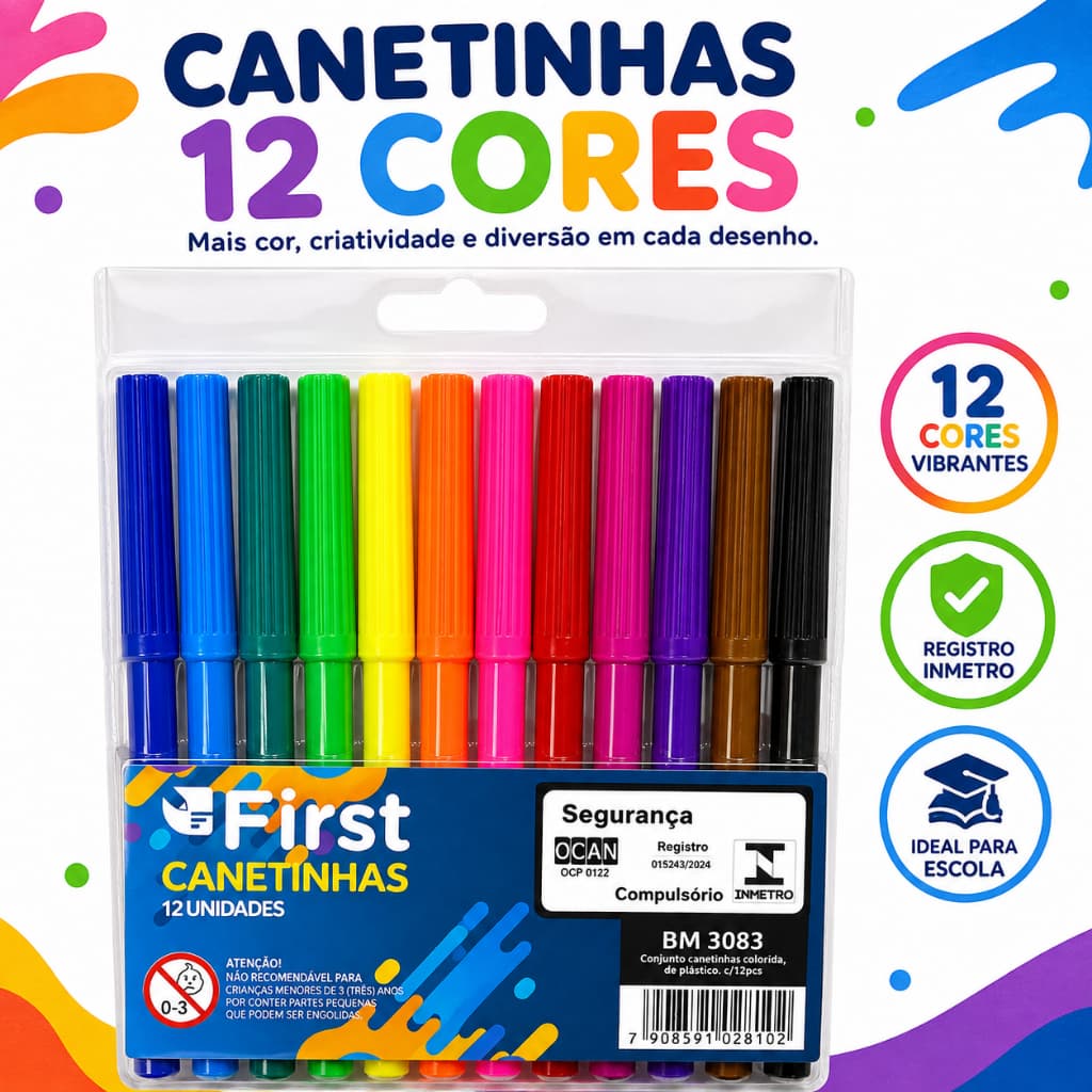 Canetinhas Coloridas 12 Cores para Escola Pintura Desenho Material Escolar Infantil