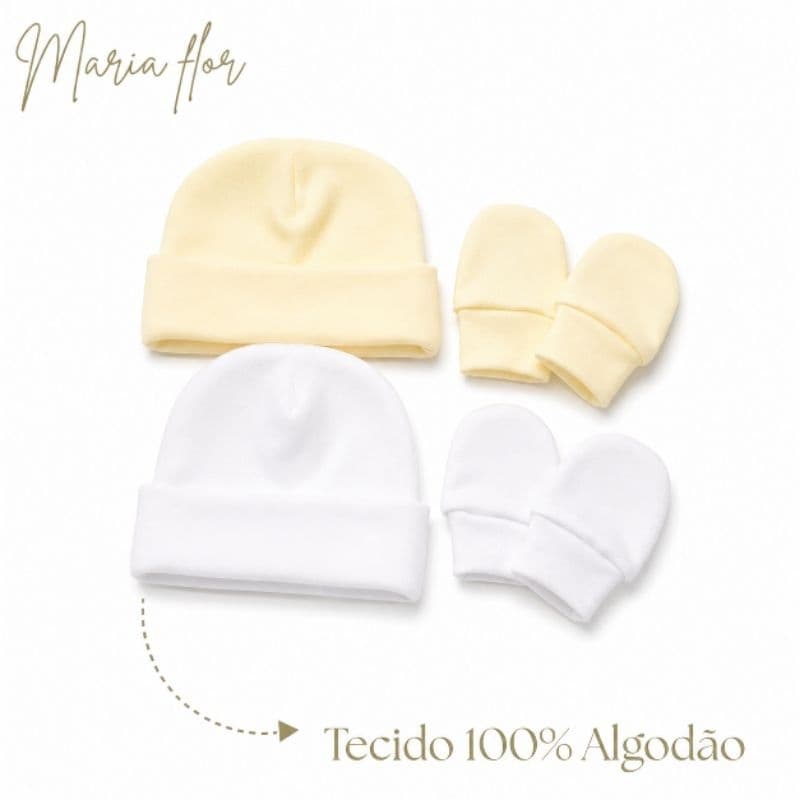 Kit  Touquinha + Luvinha 4 peças/ Maternidade - cor Amarelo Bebê e Branca