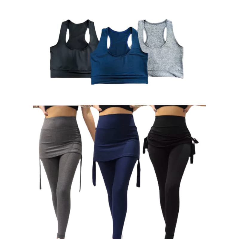 Conjunto Fitness Feminino Legging Saia Cintura Alta + Top Academia Treino Yoga Corrida Premium