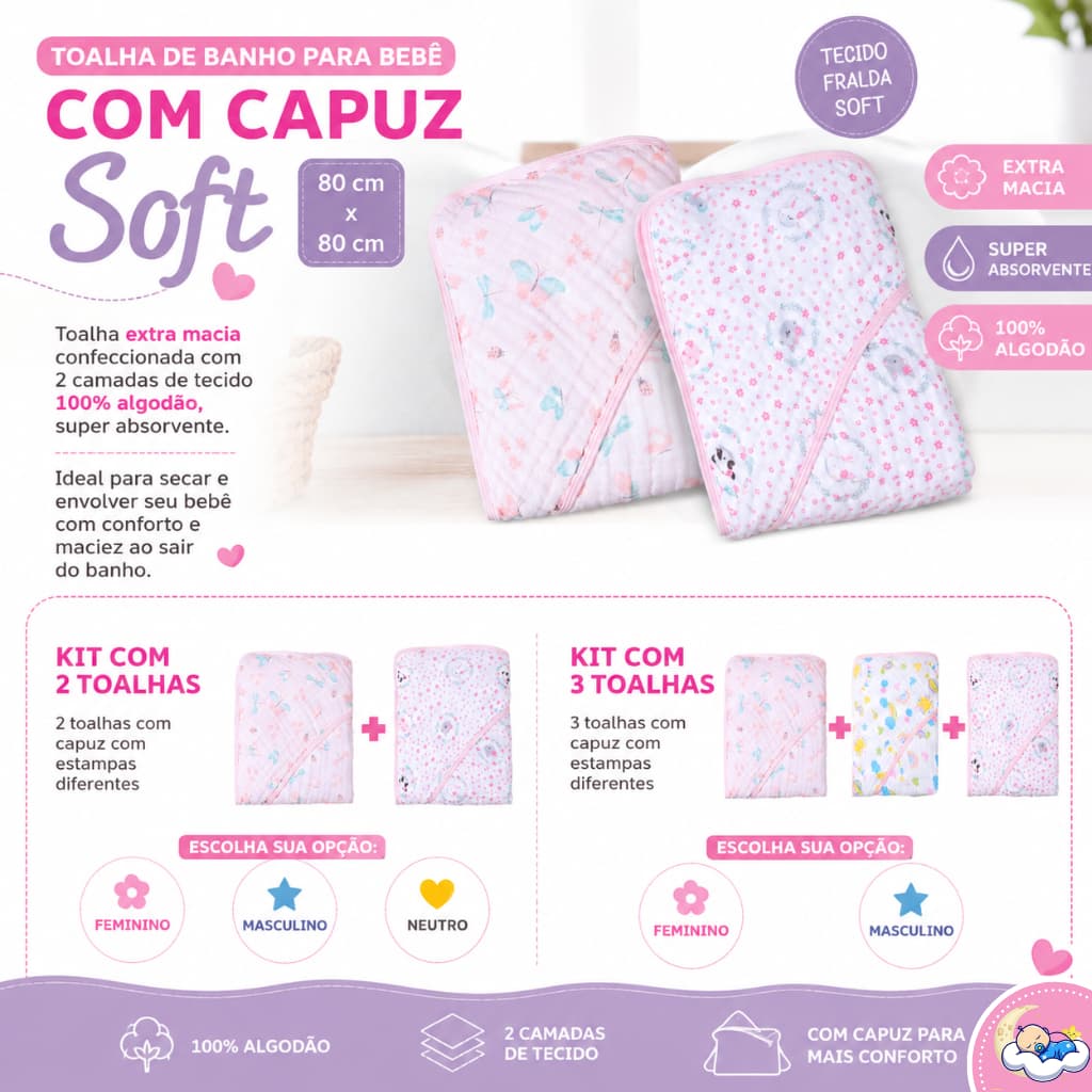 TOALHA DE BANHO FRALDA SOFT COM CAPUZ PARA BEBÊ OU KIT COM 2 OU 3 TOALHAS