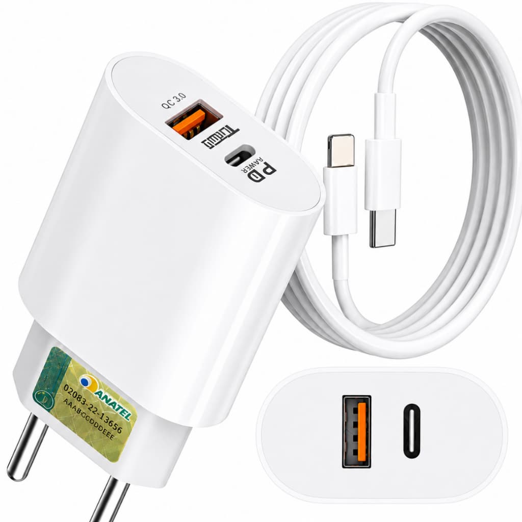 Original Carregador Turbo 40W Compatível iPhone X Xr 8 11 12 13 14 Plus Pro Max 2 SAÍDAS USB e Tipo C Cabo + Fonte