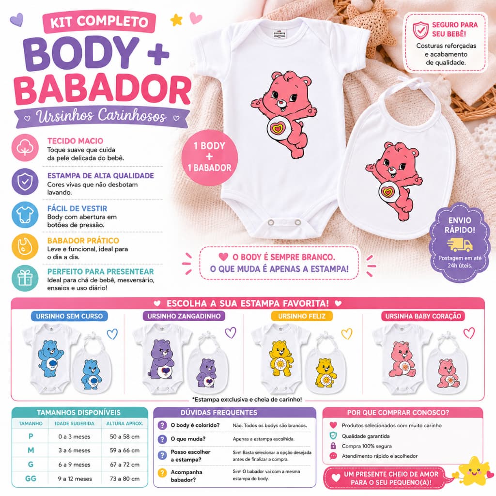 Body Bebê + Babador Ursinhos Carinhosos | Kit Completo | Diversas Cores