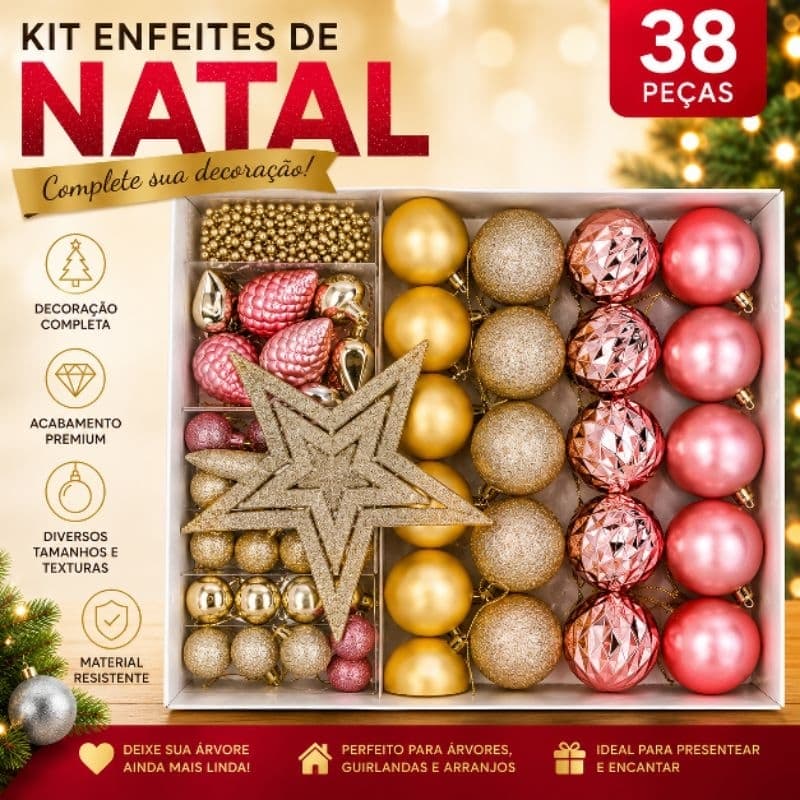 Kit Decoração Natalina Bola Estrela Dourada Rosa Completa Festiva