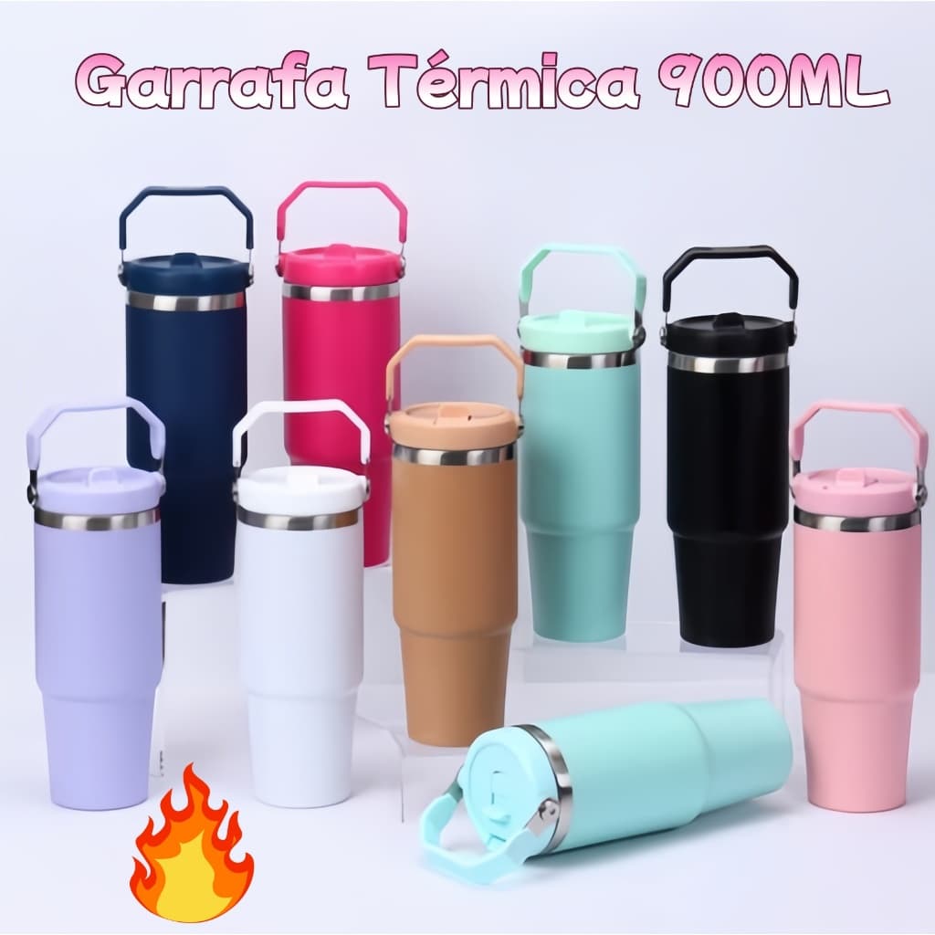 Garrafa Térmica 900ML Com Bico Com Alça Flip Tumbl Aço Inoxidável Academia Trabalho-New