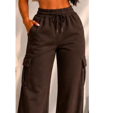 Calça Moletom Cargo Feminina Wide Leg Cintura Alta Bolsos Funcionais Premium
