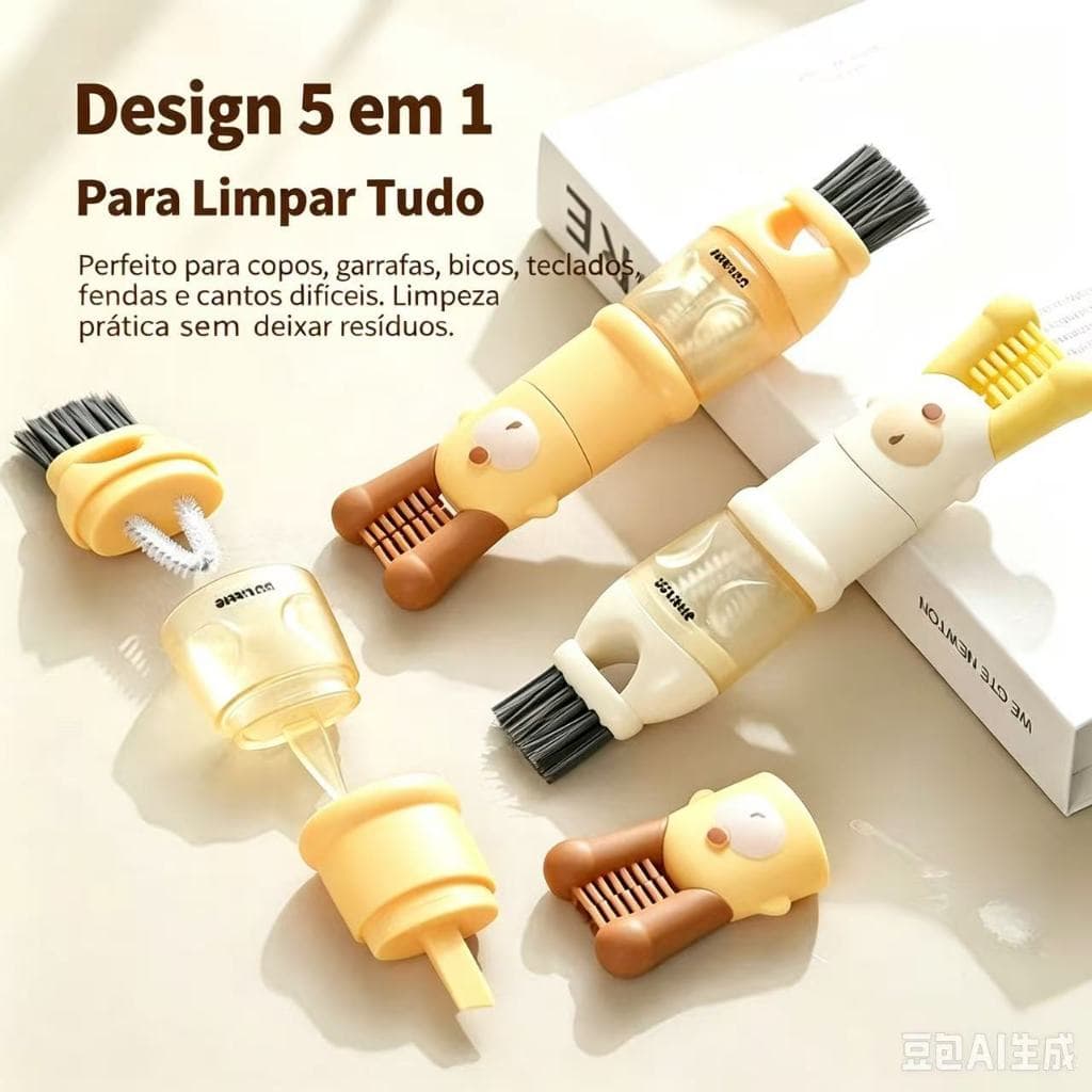 Escova Mágica Multifuncional 5 em 1 Portátil, Limpeza de Garrafas, Teclados, Fendas, Xicaras e Acessórios