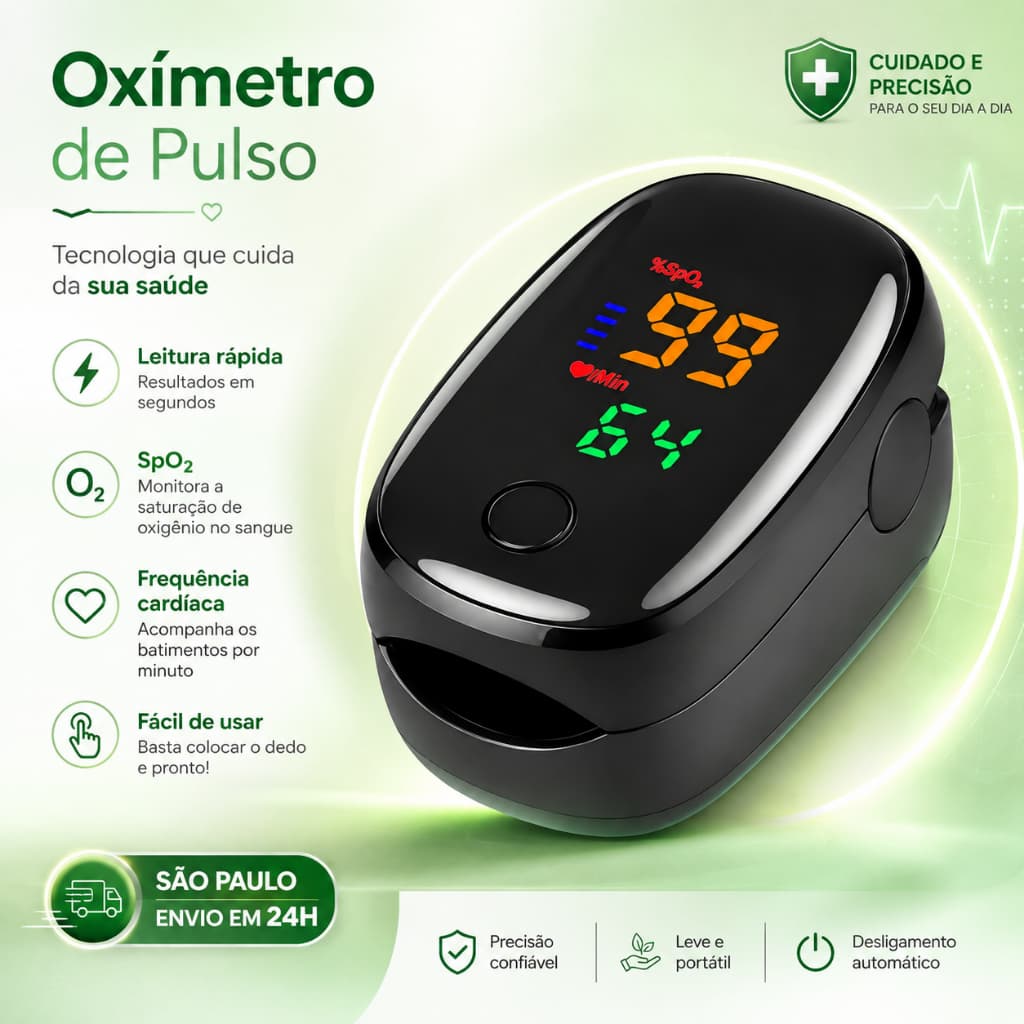 Oxímetro Digital de Dedo SpO2 Monitor Cardíaco Portátil Medidor de Saturação e Pulso com Tela LED