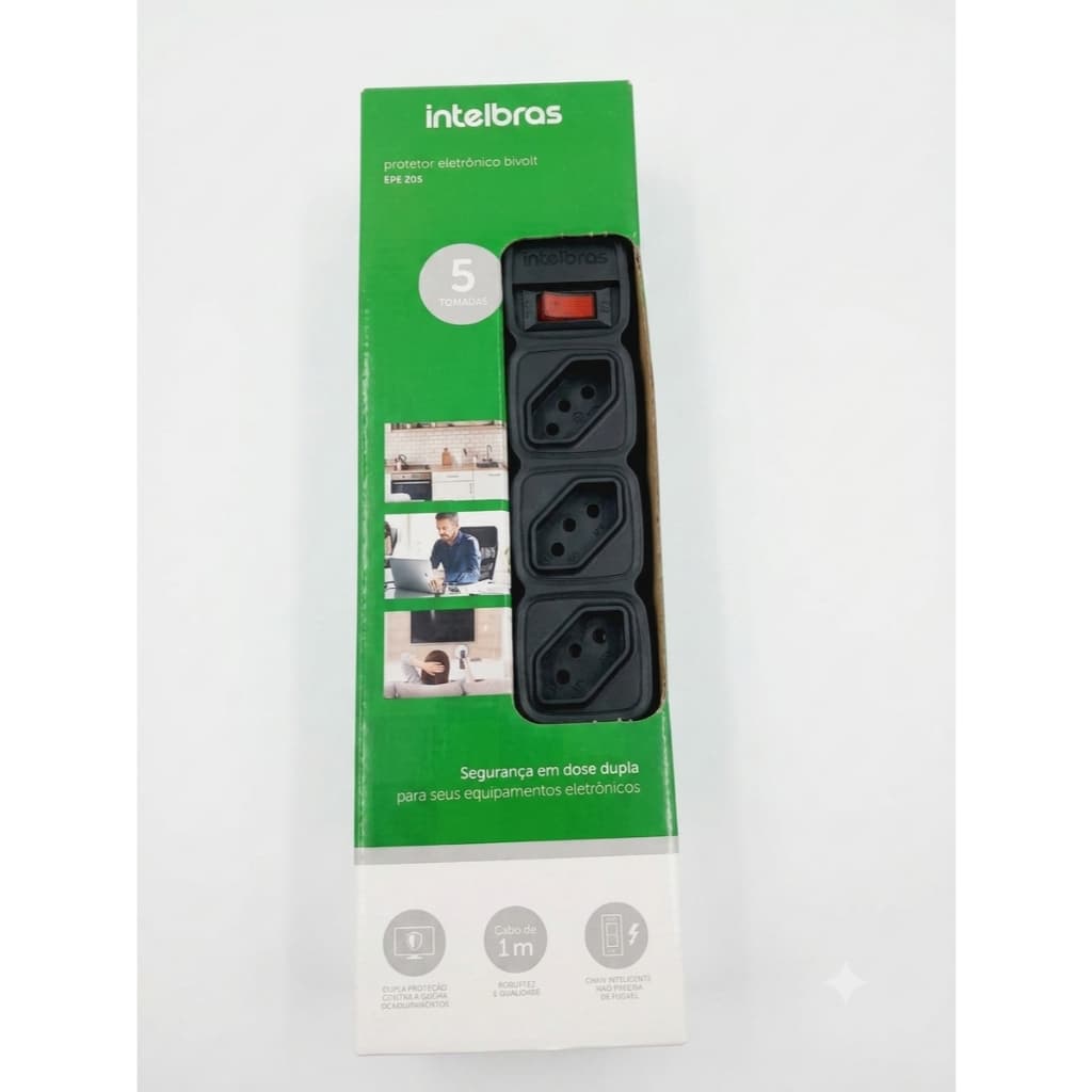Filtro de Linha Protetor Intelbras 5 Tomadas Epe 205 Bivolt 1m Preto Extensão Tomadas
