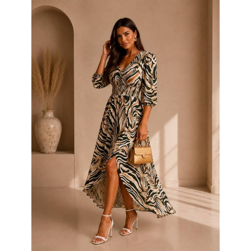 Vestido Neide Longo em Malha Poliamida Estampado Verde, Bege e Caramelo
